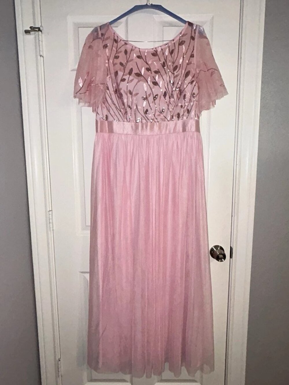 Pink Tulle Sequin Embroidered Floral Lined Scoop Flutter Maxi Dress 2XL (134)